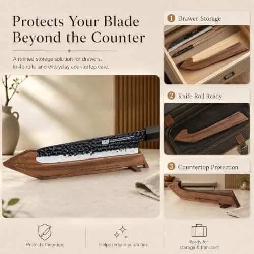 FINDKING Magnetic Edge Guard with Stand, Walnut Wood Blade Cover & Mini Knife Block for Counter Storage, Portable Protector for 8” Chef Knife thumbnail 4