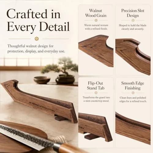 FINDKING Magnetic Edge Guard with Stand, Walnut Wood Blade Cover & Mini Knife Block for Counter Storage, Portable Protector for 8” Chef Knife thumbnail 7