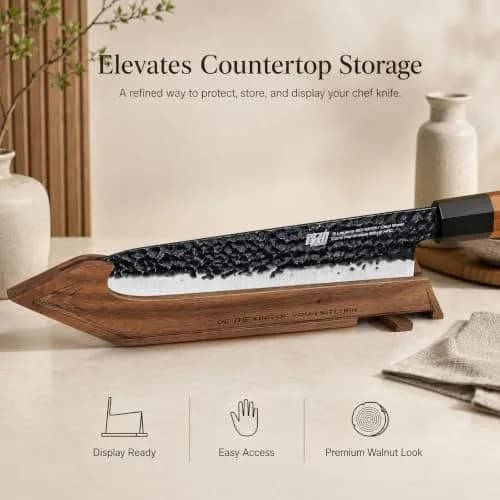 FINDKING Magnetic Edge Guard with Stand, Walnut Wood Blade Cover & Mini Knife Block for Counter Storage, Portable Protector for 8” Chef Knife thumbnail 2