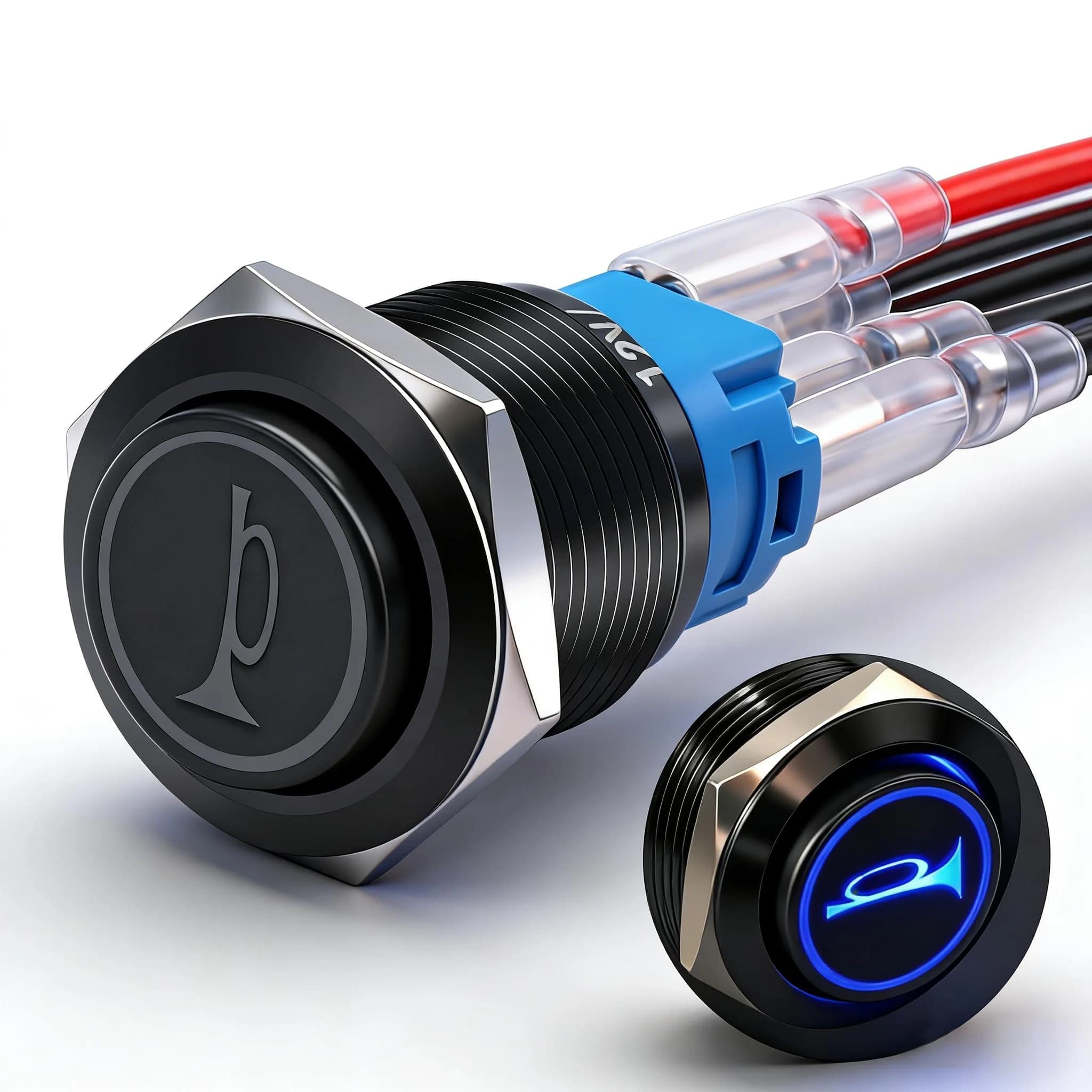 Twidec 16mm Momentary Push Button Horn Switch with Blue LED 12V | 5A/250AC 1NO1NC Panel Mount