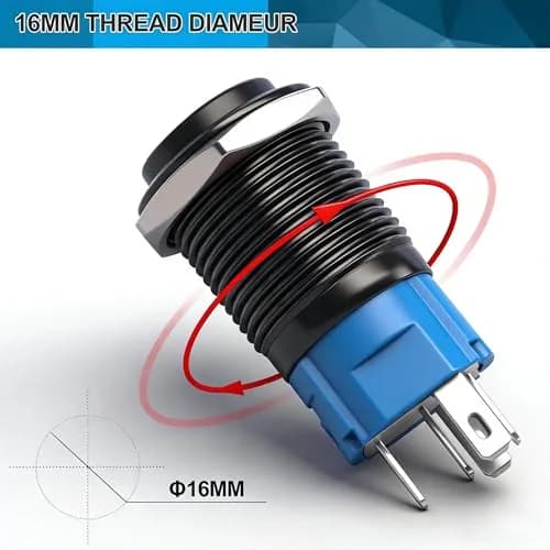 Twidec 16mm Momentary Push Button Horn Switch with Blue LED 12V | 5A/250AC 1NO1NC Panel Mount thumbnail 4