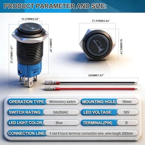 Twidec 16mm Momentary Push Button Horn Switch with Blue LED 12V | 5A/250AC 1NO1NC Panel Mount thumbnail 3