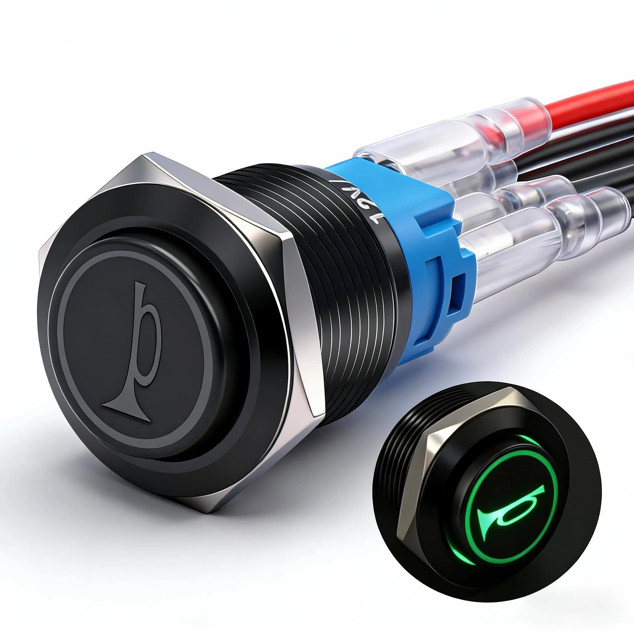 Twidec 19mm Momentary Push Button Switch with Green LED | 12V, 5A/250AC, 1NO 1NC SPDT, Stainless Steel Shell