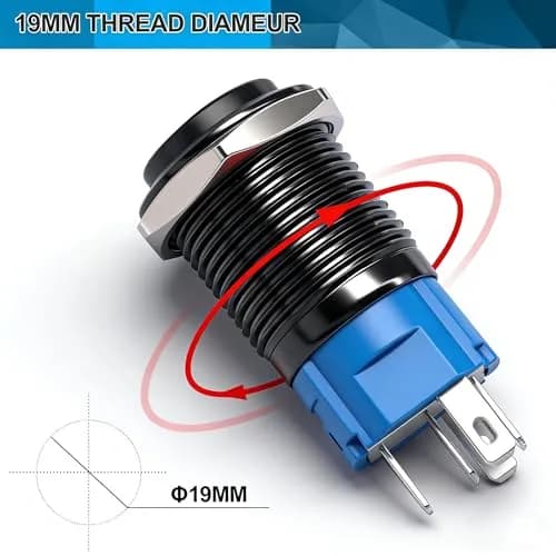 Twidec 19mm Momentary Push Button Switch with Green LED | 12V, 5A/250AC, 1NO 1NC SPDT, Stainless Steel Shell thumbnail 5
