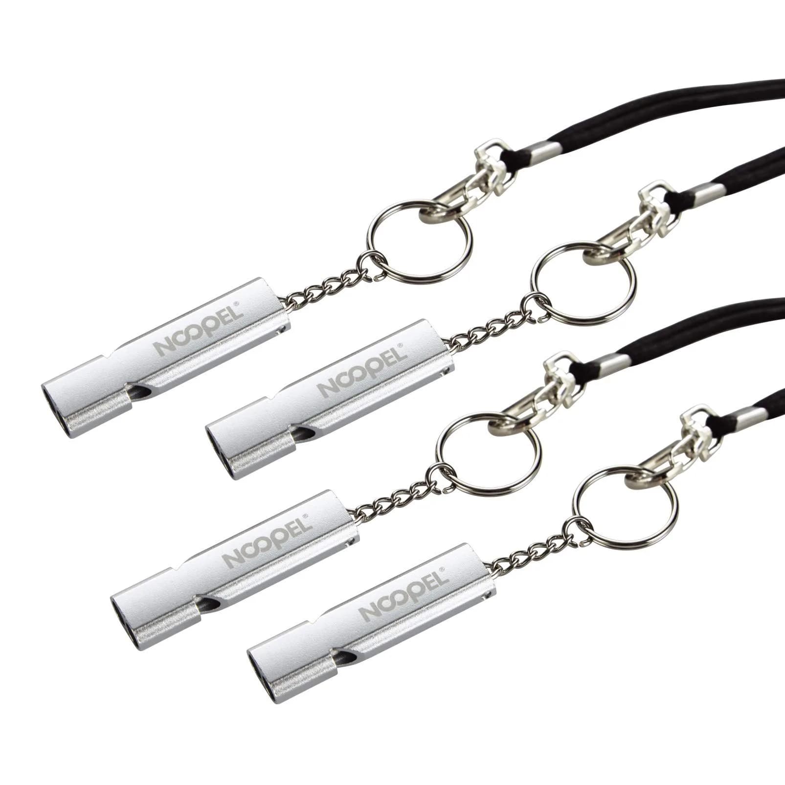 Noopel Emergency Whistles Lifeguard Safety Whistle with Lanyard and Keychain for Outdoor Camping Hiking Boating Hunting Fishing Kayak Kids Rescue Signaling Loud Survival Whistle (4 Pack Gold) | Super Loud, Aluminum Alloy, Water-Resistant — Silver