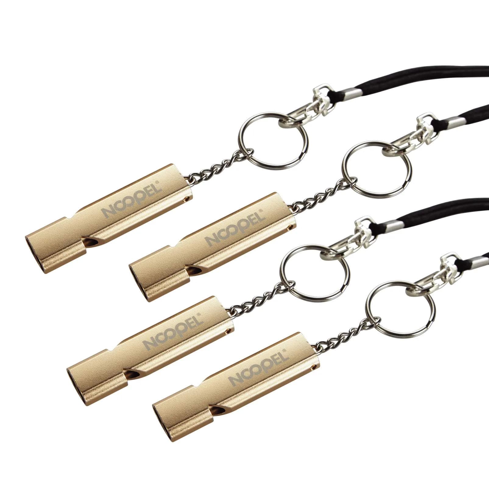 Noopel Emergency Whistles Lifeguard Safety Whistle with Lanyard and Keychain for Outdoor Camping Hiking Boating Hunting Fishing Kayak Kids Rescue Signaling Loud Survival Whistle (4 Pack Gold) | Super Loud, Aluminum Alloy, Water-Resistant — Gold