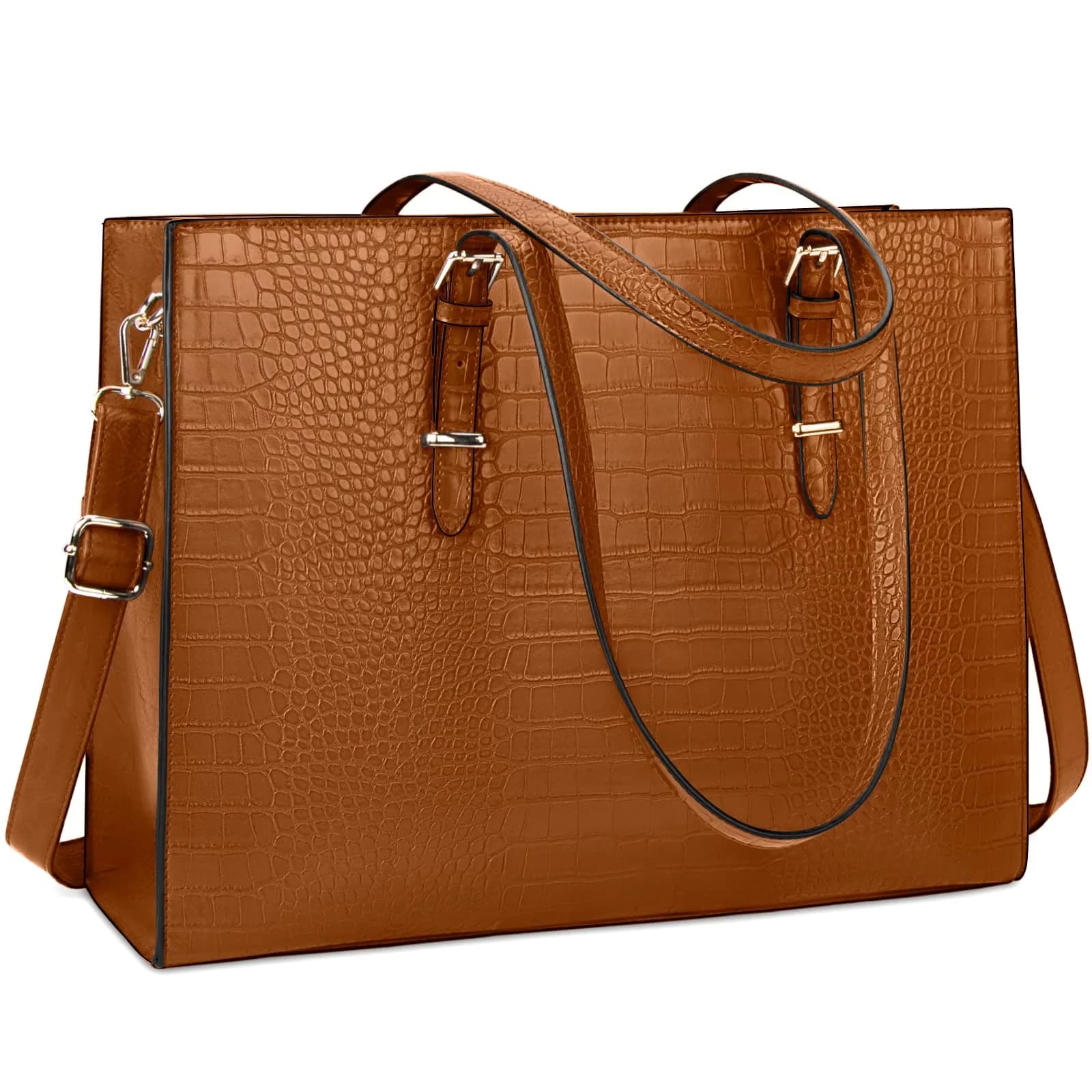 Lubardy Black Crocodile Leather Tote Bag for Women 15.6 Inch | Water-Resistant Work Briefcase — Brown