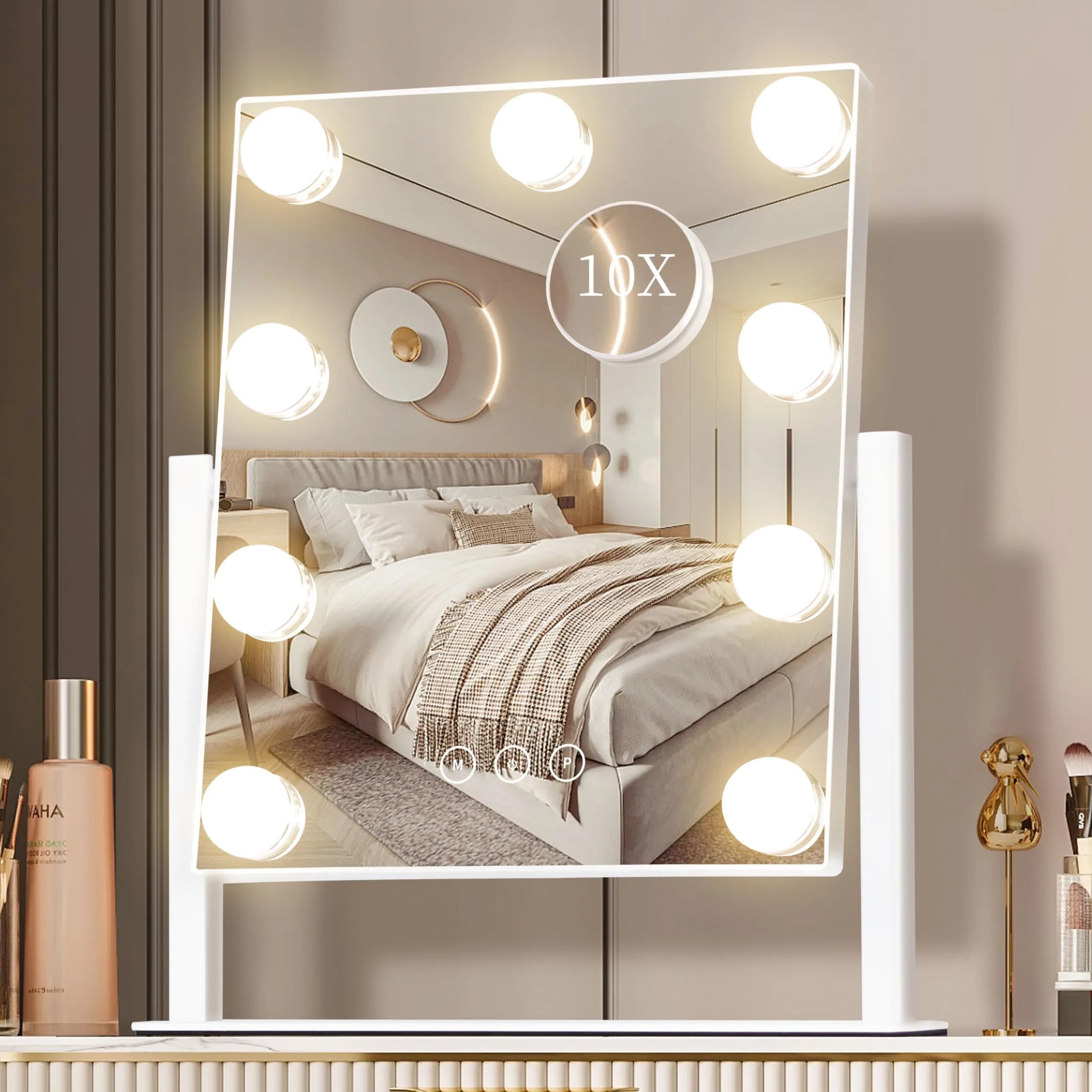 NUSVAN Vanity Mirror with Lights, Makeup Mirror, 3 Color Modes, 10X Magnification, Touch Control, 360° Rotation, White - main product image