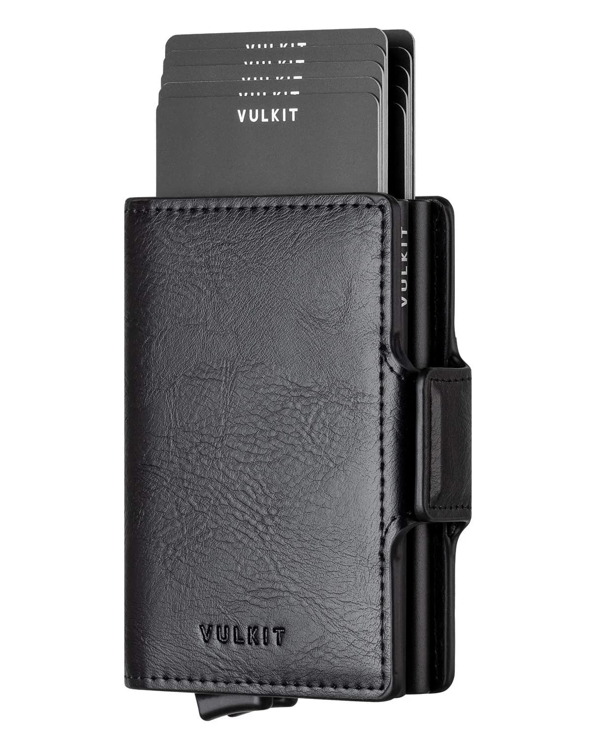 VULKIT Automatic Pop Up Double Card Holder | RFID Blocking Leather Wallet with Magnetic Closure (Cross Black) — Black