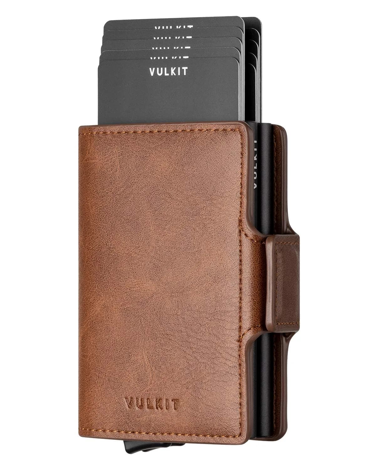 VULKIT Automatic Pop Up Double Card Holder | RFID Blocking Leather Wallet with Magnetic Closure (Cross Black) — Brown