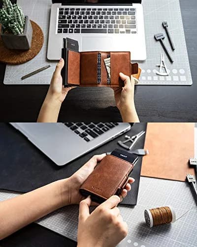 VULKIT Credit Card Holder RFID Blocking Leather Wallet 11x8x2.8cm | Automatic Pop Up Double Card Case thumbnail 4