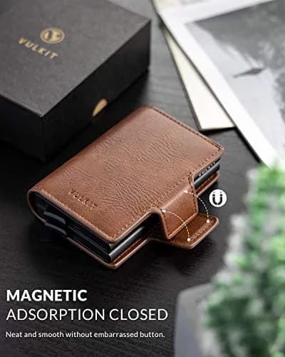 VULKIT Credit Card Holder RFID Blocking Leather Wallet 11x8x2.8cm | Automatic Pop Up Double Card Case thumbnail 5