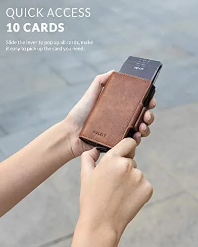 VULKIT Credit Card Holder RFID Blocking Leather Wallet 11x8x2.8cm | Automatic Pop Up Double Card Case thumbnail 2