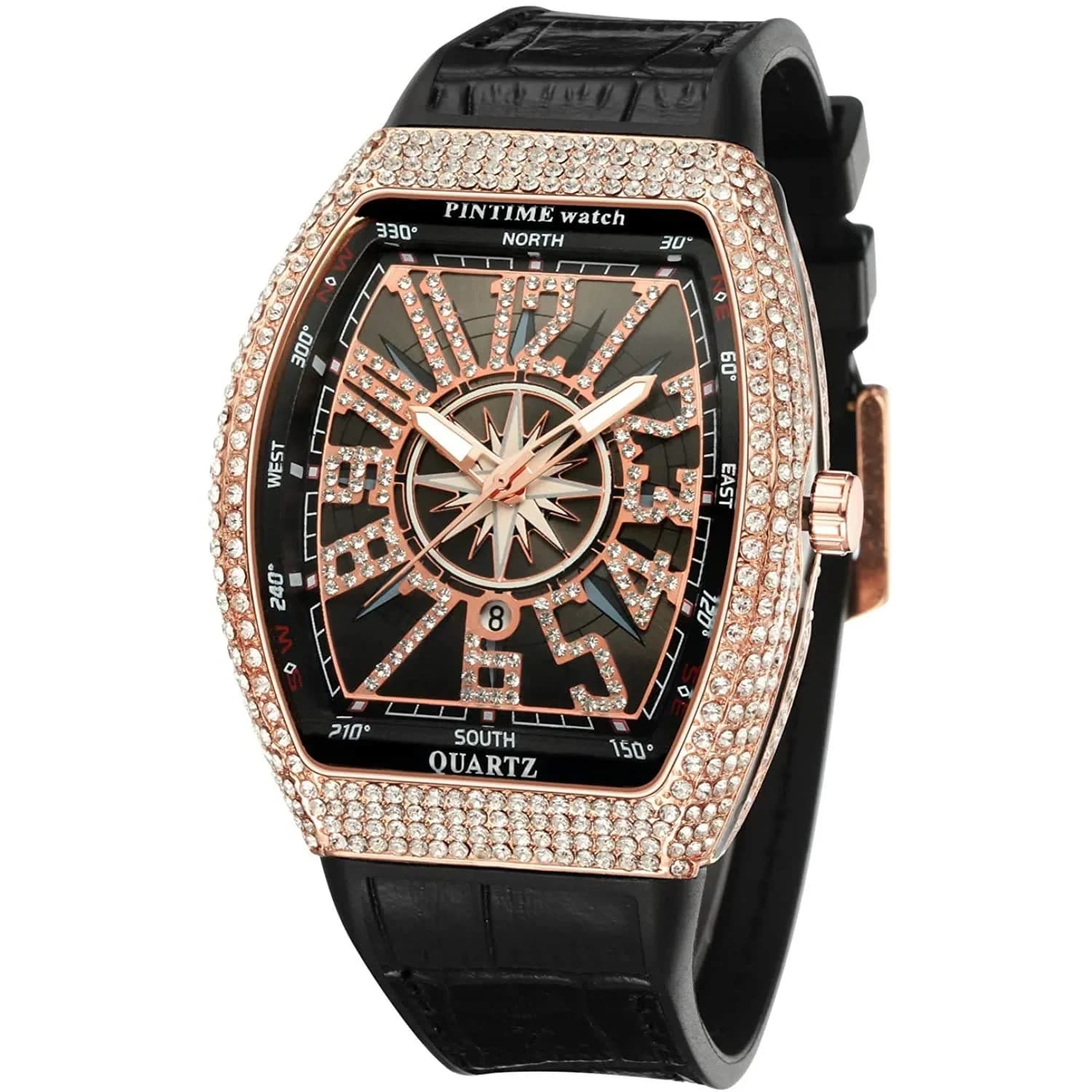 FANMIS Men's Rectangle Skull Watch 47mm (Rose Red) | Bling Diamond Dial Quartz — Rose Black