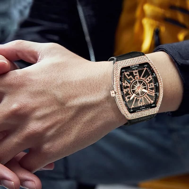 FANMIS Men's Skull Big Face Watch Rectangle Punk Diamond Dial Leather Strap Quartz 42mm (Rose Black) thumbnail 6