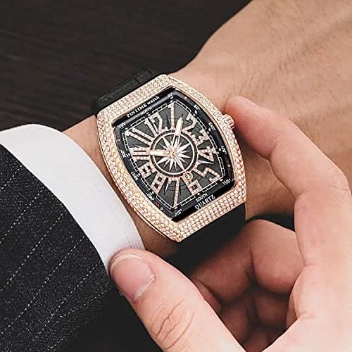 FANMIS Men's Skull Big Face Watch Rectangle Punk Diamond Dial Leather Strap Quartz 42mm (Rose Black) thumbnail 2