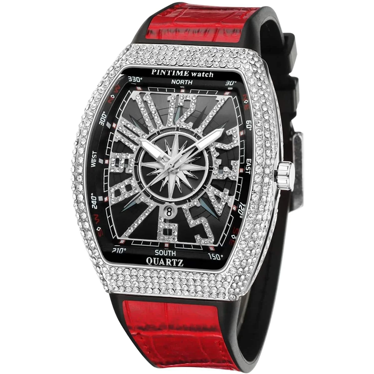 FANMIS Men's Rectangle Skull Watch 47mm (Rose Red) | Bling Diamond Dial Quartz — Silver Red