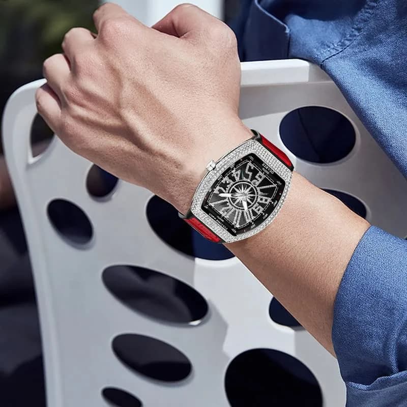 FANMIS Men's Rectangle Skull Watch 42.5mm (Silver Red) | Big Face Diamond Dial Leather Strap thumbnail 5