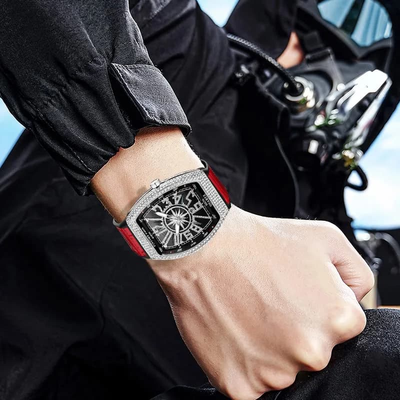 FANMIS Men's Rectangle Skull Watch 42.5mm (Silver Red) | Big Face Diamond Dial Leather Strap thumbnail 7