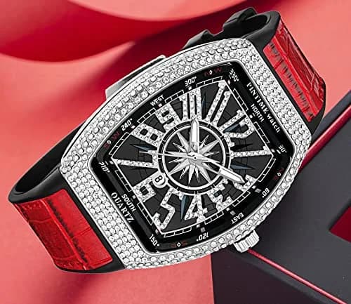 FANMIS Men's Rectangle Skull Watch 42.5mm (Silver Red) | Big Face Diamond Dial Leather Strap thumbnail 8