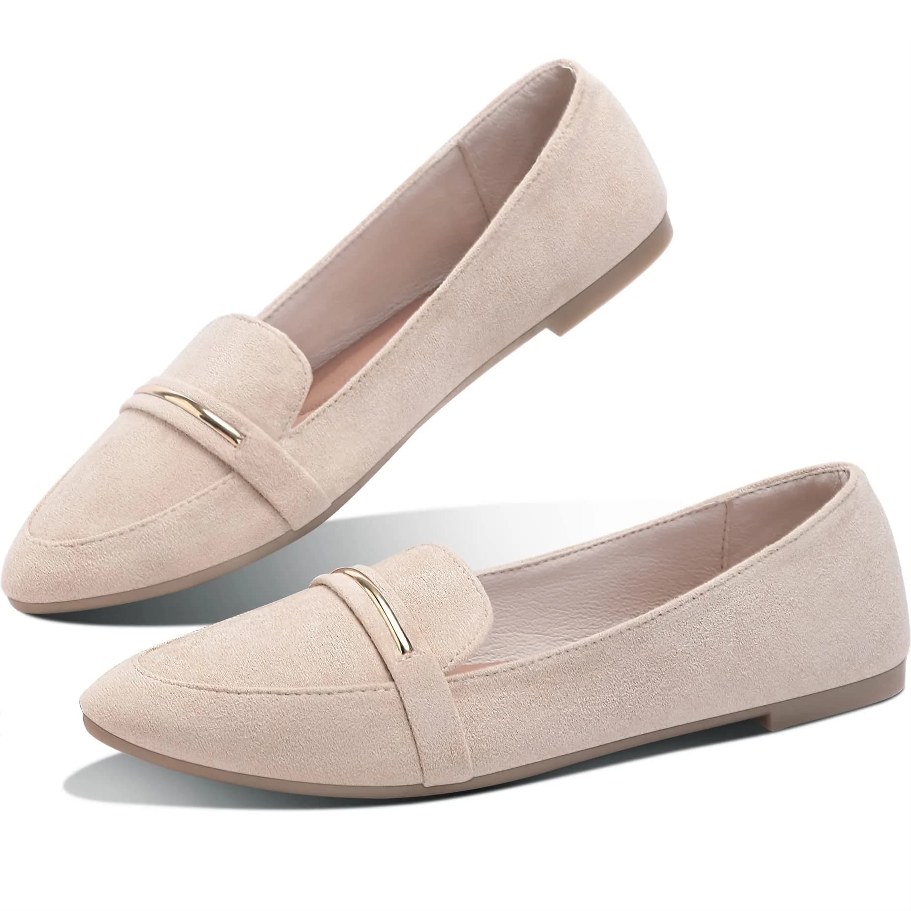Obtaom Women's Pointy Toe Loafer Flat Faux Suede Comfortable Work Shoes Beige US9