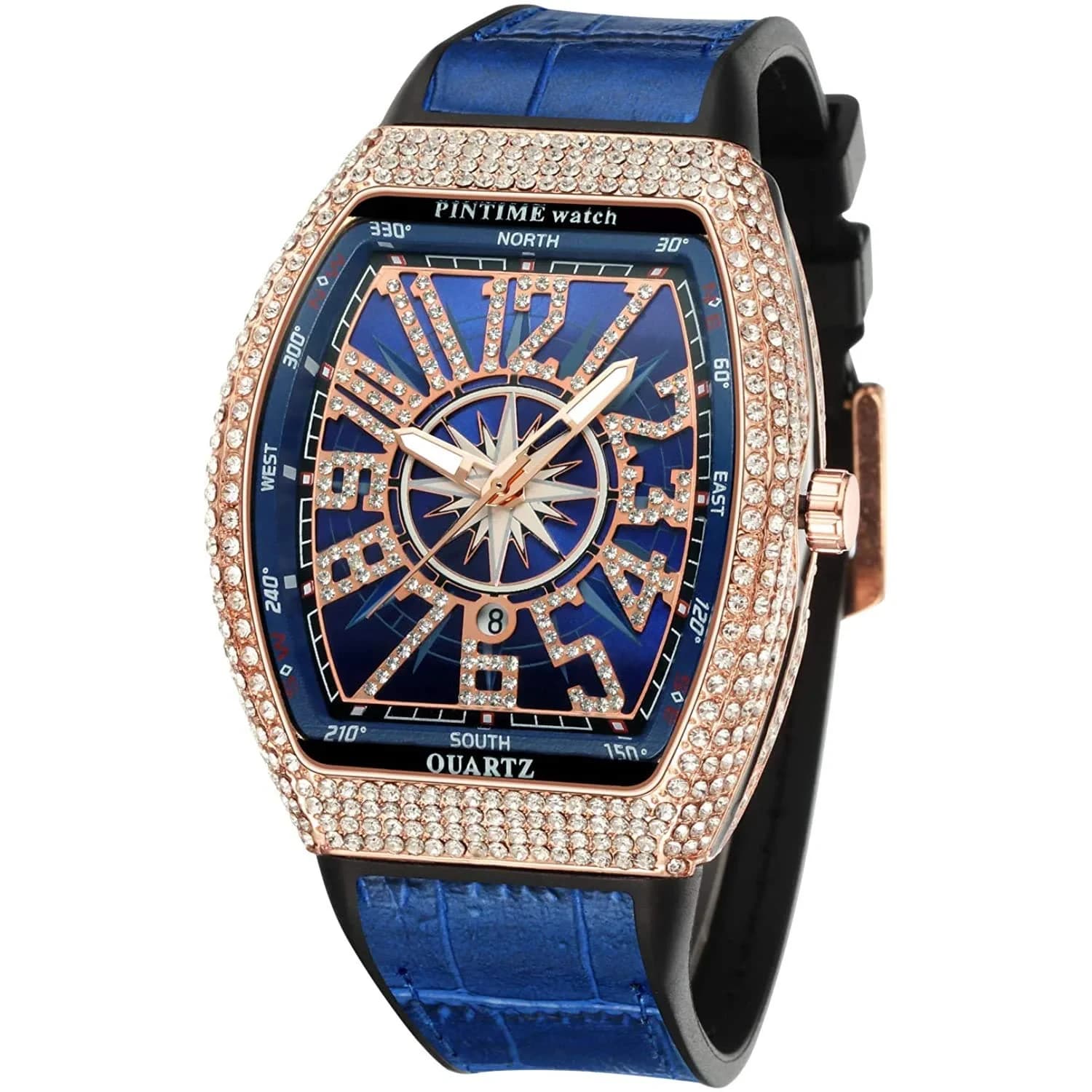 FANMIS Men's Rectangle Skull Watch 47mm (Rose Red) | Bling Diamond Dial Quartz — Rose Blue