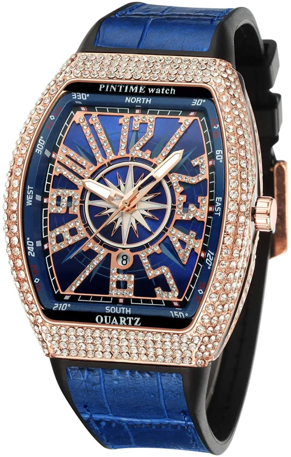 FANMIS Men's Skull Big Face Watch Rectangle Punk Diamond Dial Leather Strap Calendar Quartz Sports Wrist Watch (Rose Blue) 43mm | Luxury Bling Crystal Watch — Rose Blue