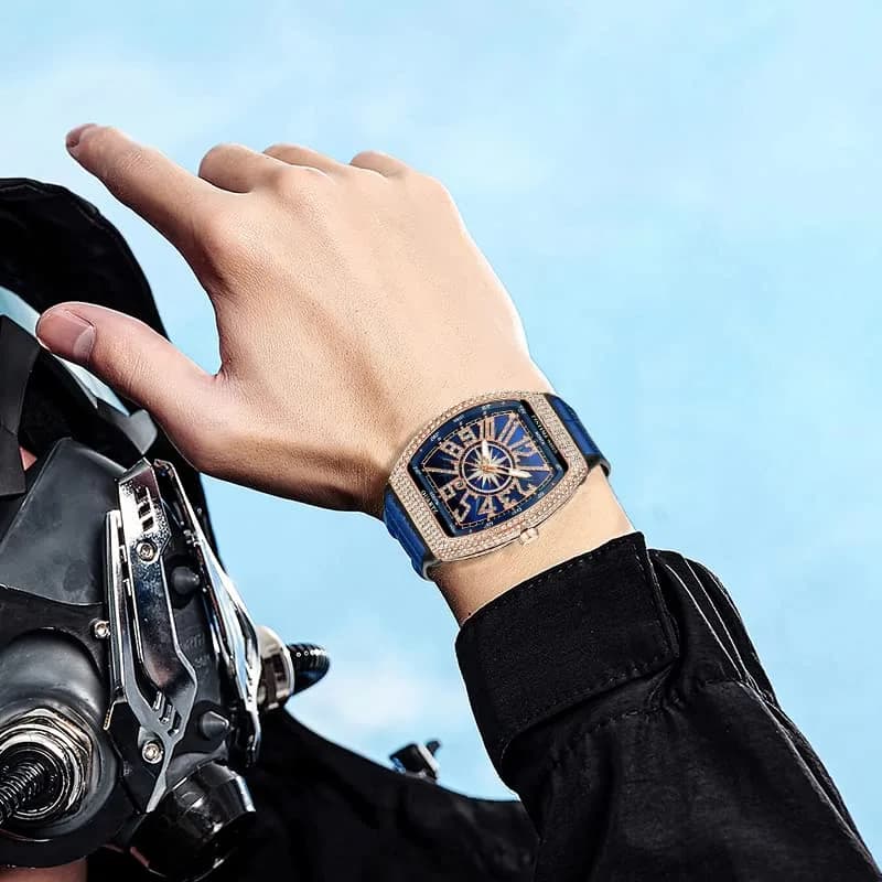 FANMIS Men's Skull Big Face Watch Rectangle Punk Diamond Dial Leather Strap Calendar Quartz Sports Wrist Watch (Rose Blue) 43mm | Luxury Bling Crystal Watch thumbnail 4