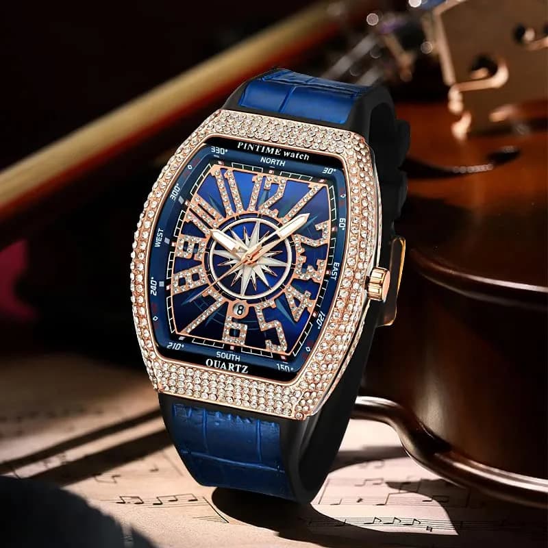 FANMIS Men's Skull Big Face Watch Rectangle Punk Diamond Dial Leather Strap Calendar Quartz Sports Wrist Watch (Rose Blue) 43mm | Luxury Bling Crystal Watch thumbnail 5