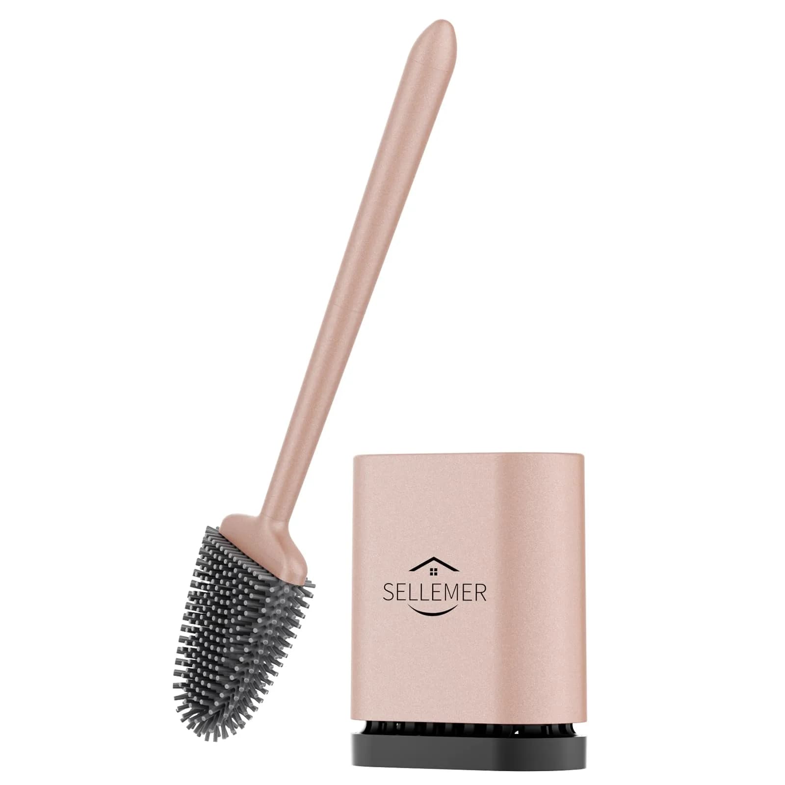 Sellemer Silicone Toilet Brush with Ventilation Holder | Flat Head, Hair-Free, Rustproof Handle (Silver, 1 Pack) — Rose Gold-1pcs