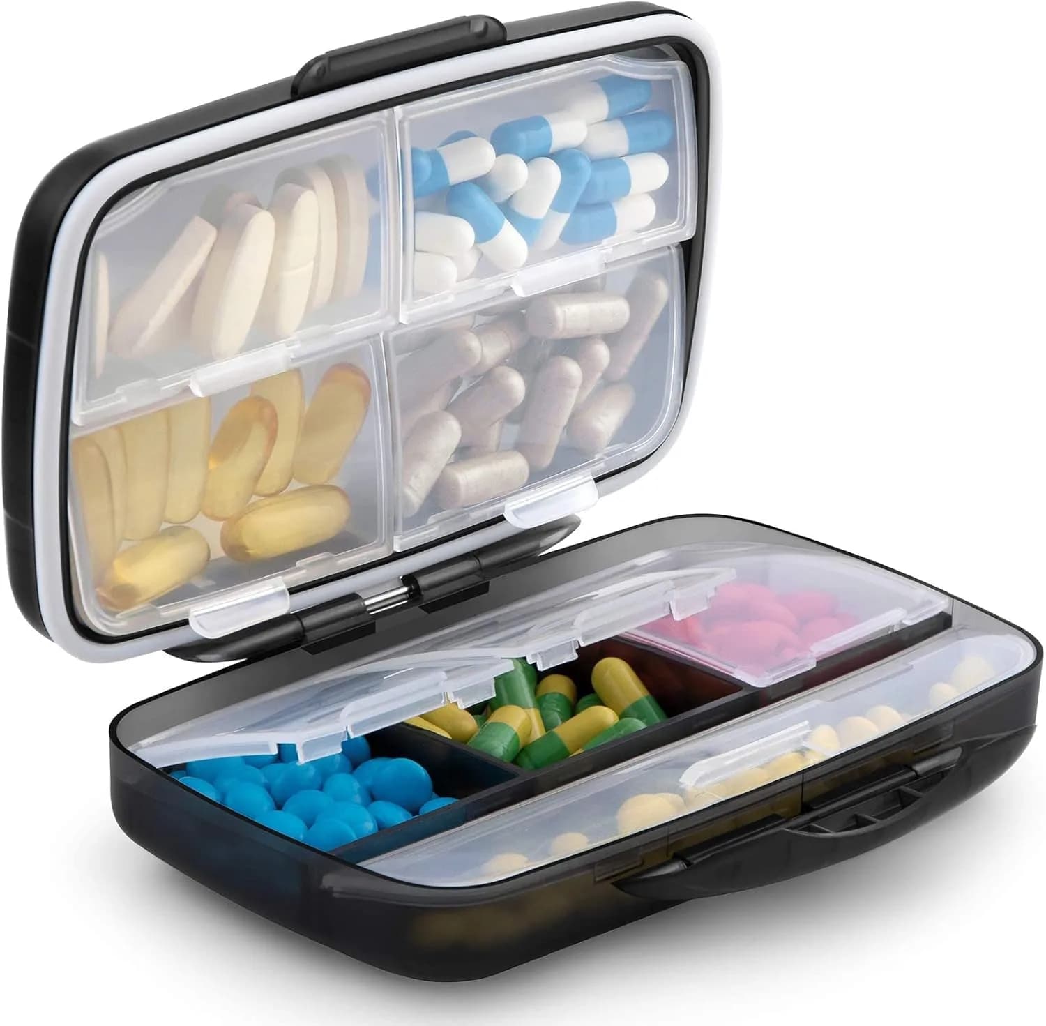 Fullicon Moistureproof Airtight Pill Organizer, Portable, 7 Compartment | Moistureproof & Double Lock for Travel & Daily Use — Black / Large (8 Compartments)