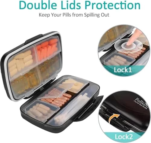 Fullicon Moisture Proof Travel 8 Compartments Pill Organizer, Black | Extra Large, Airtight, Labelable, Moistureproof thumbnail 4