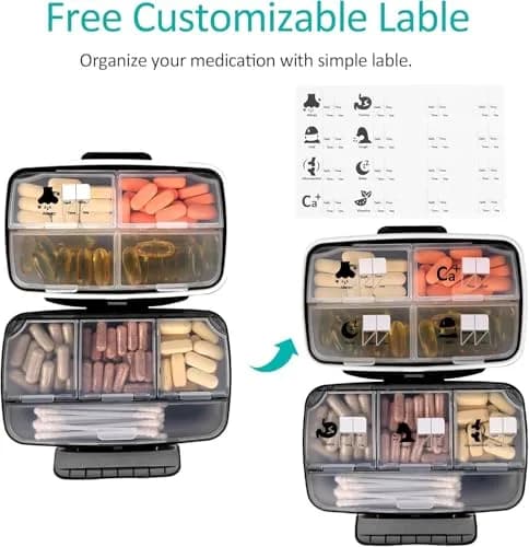 Fullicon Moisture Proof Travel 8 Compartments Pill Organizer, Black | Extra Large, Airtight, Labelable, Moistureproof thumbnail 5