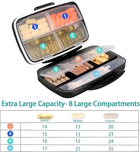 Fullicon Moisture Proof Travel 8 Compartments Pill Organizer, Black | Extra Large, Airtight, Labelable, Moistureproof thumbnail 2