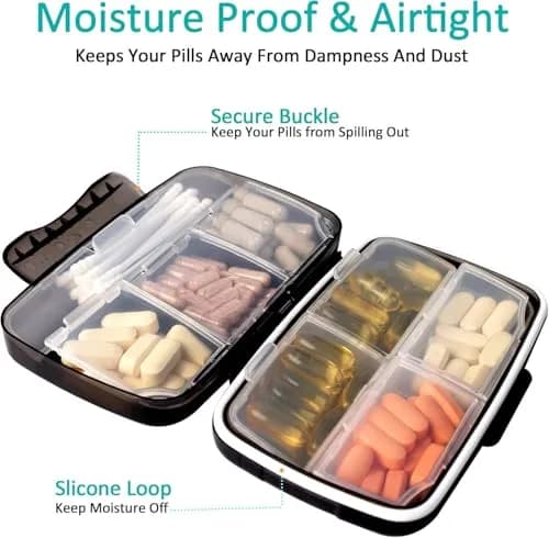 Fullicon Moisture Proof Travel 8 Compartments Pill Organizer, Black | Extra Large, Airtight, Labelable, Moistureproof thumbnail 3