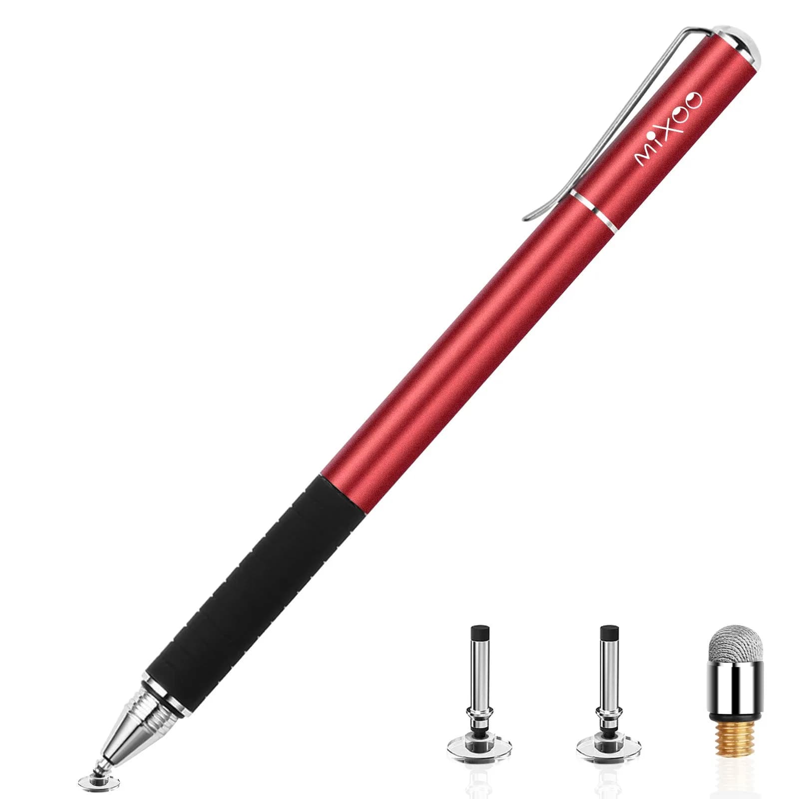 Mixoo 2-in-1 Disc & Fiber Tip Stylus Pen for Touchscreens | Precision Input Pen for iPad, iPhone, Android, Chromebook (Black) — Red