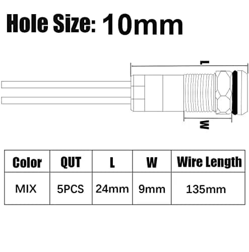 Gebeldet 5pcs 10mm AC/DC 12-24V LED Metal Indicator Light Set | Waterproof Signal Lamp for Cars, Trucks, Boats thumbnail 6