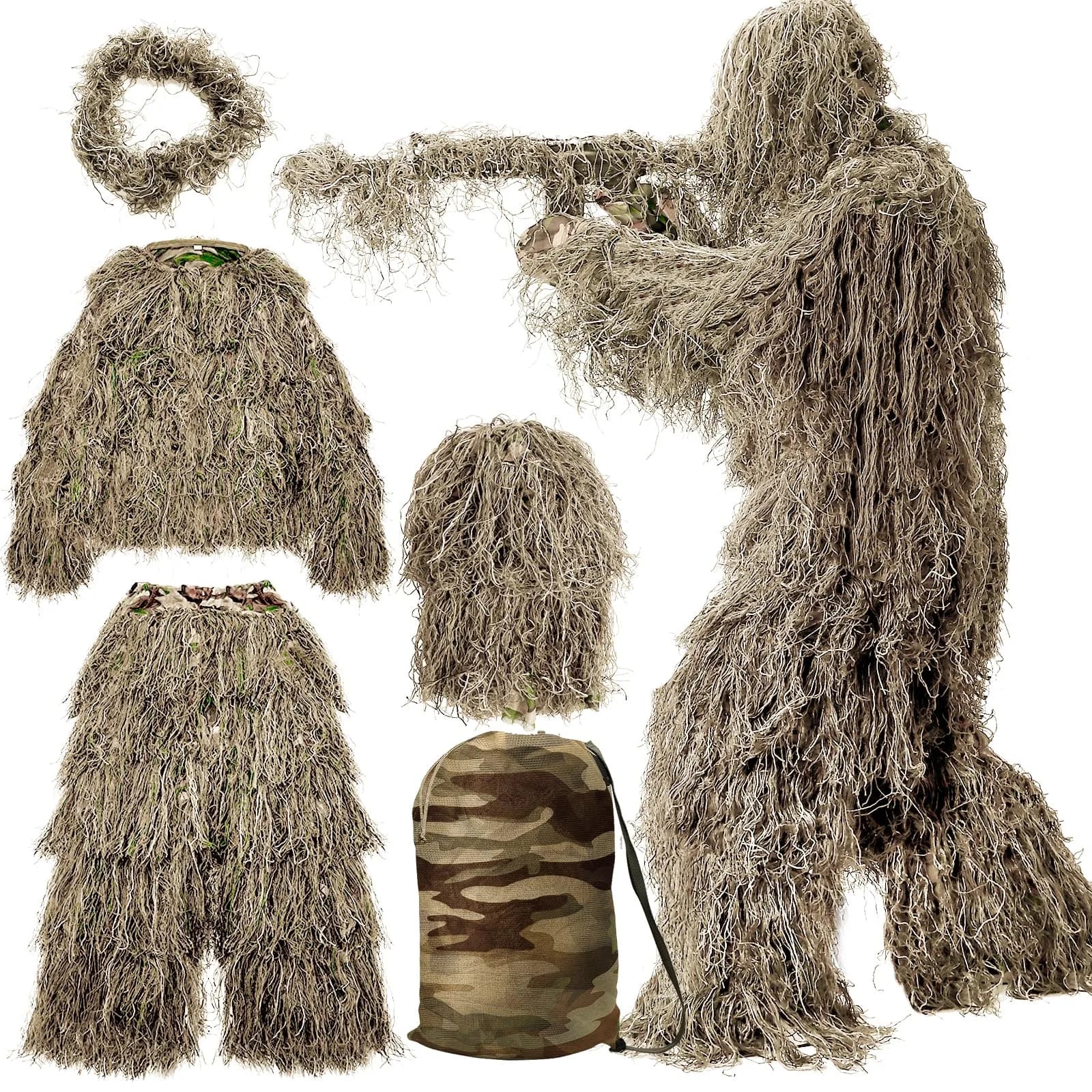 MOPHOTO 5 in 1 Ghillie Suit 3D Camouflage Hunting Suit - Jacket, Pants, Hood, Carry Bag, Adult XL/2XL | Effective Camouflage — Youth & Adult
