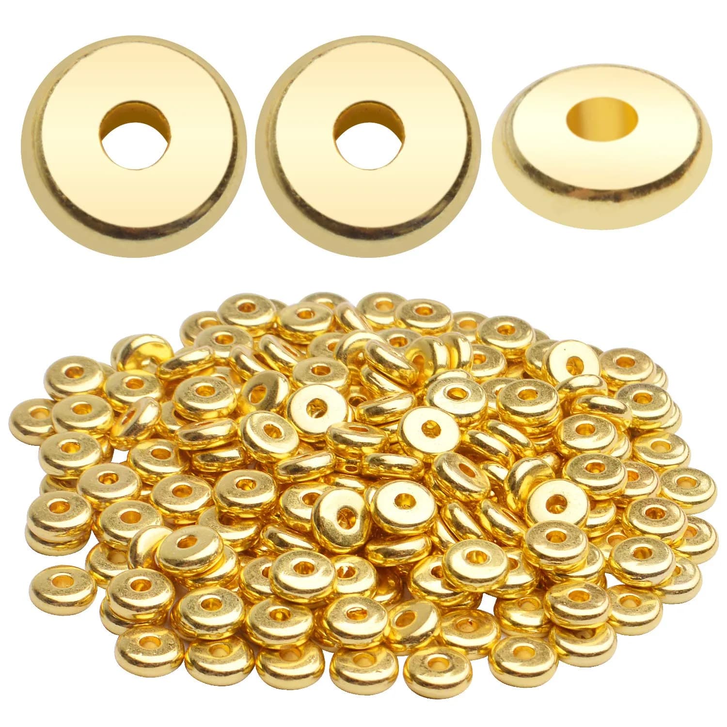 BronaGrand 8mm Flat Round Rondelle Spacer Beads Disc Spacers 200pcs (6.6g) | Silver Metal Alloy for DIY Jewelry — Gold