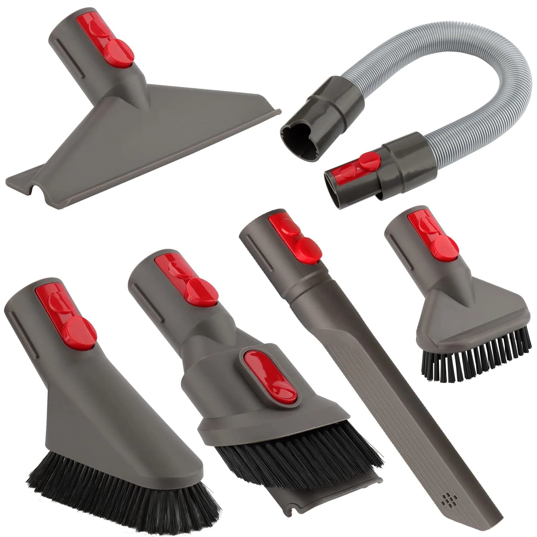 AINUO 6-in-1 Vacuum Cleaner Tool Kit with Extension Hose for Dyson V7-V15 | Gray Plastic & Metal Set - main product image