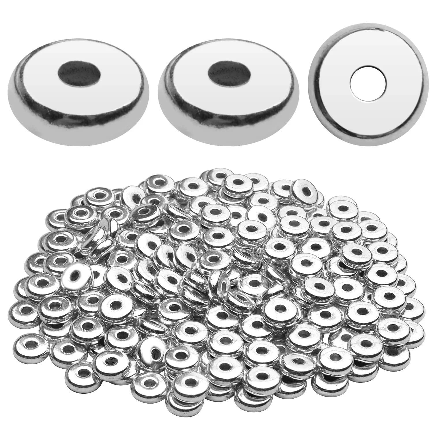 BronaGrand 8mm Flat Round Rondelle Spacer Beads Disc Spacers 200pcs (6.6g) | Silver Metal Alloy for DIY Jewelry - main product image