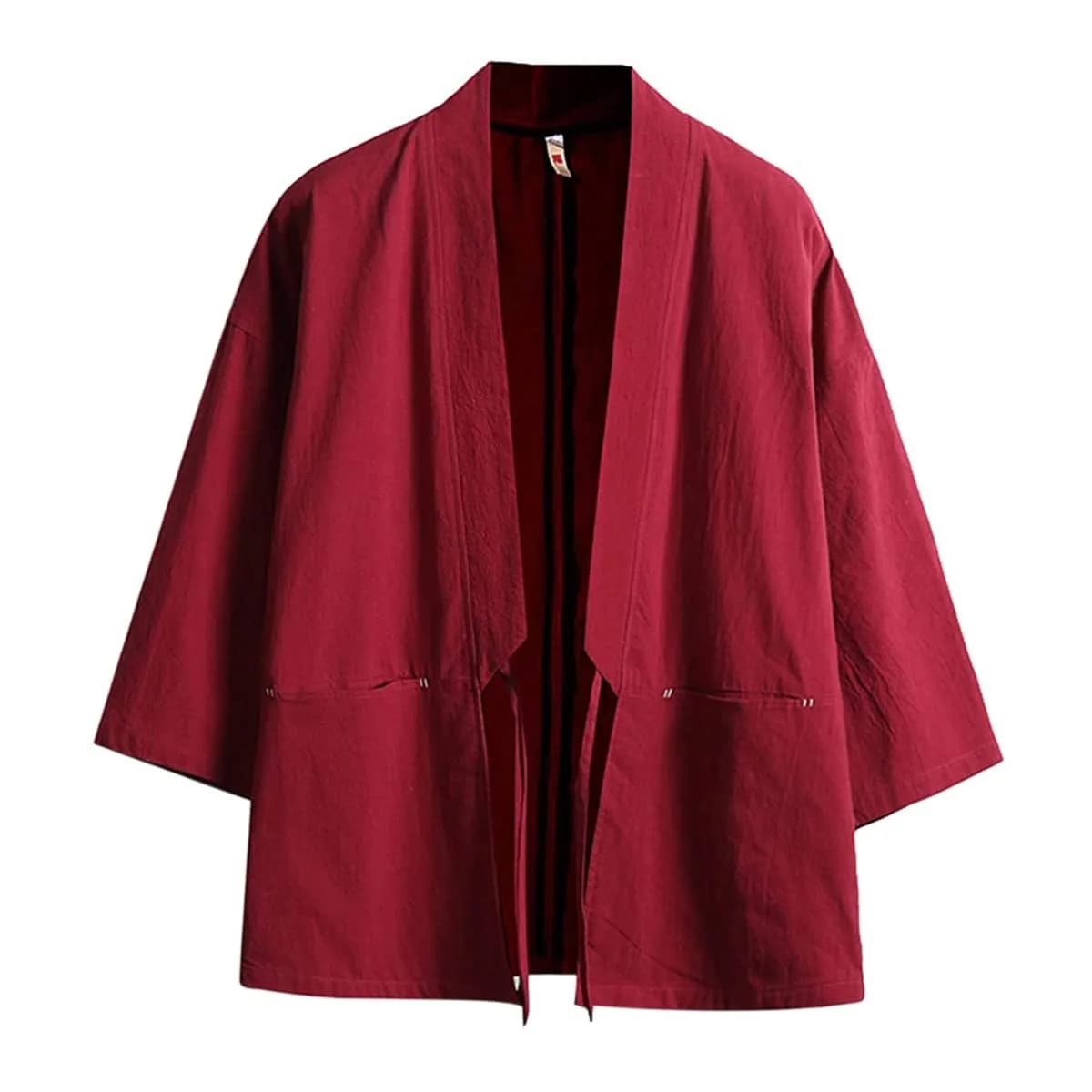 Haseil Men's Kimono Cardigan Japanese Jackets Casual Cotton 3/4 Sleeve | Lightweight Linen Outwear, Wine Red, M