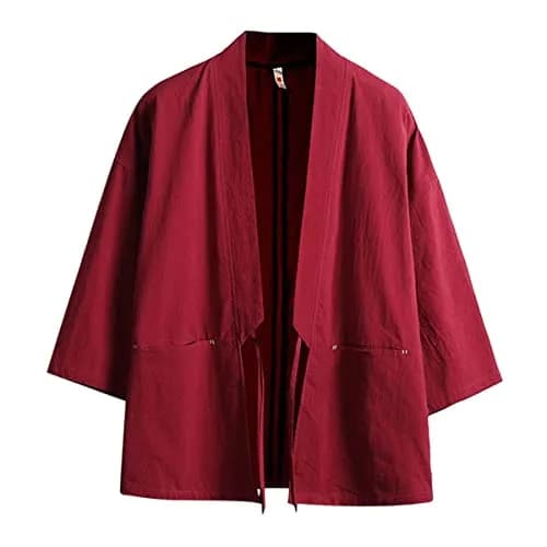 Haseil Men's Kimono Cardigan Japanese Jackets Casual Cotton 3/4 Sleeve | Lightweight Linen Outwear, Wine Red, M thumbnail 1