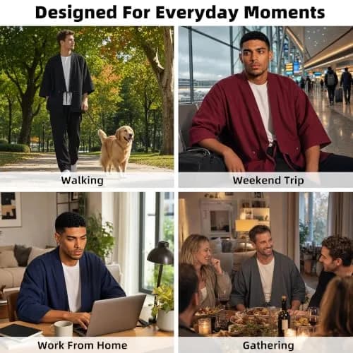 Haseil Men's Kimono Cardigan Japanese Jackets Casual Cotton 3/4 Sleeve | Lightweight Linen Outwear, Wine Red, M thumbnail 5