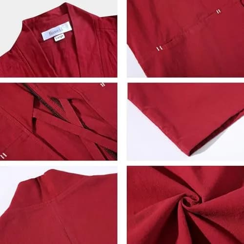 Haseil Men's Kimono Cardigan Japanese Jackets Casual Cotton 3/4 Sleeve | Lightweight Linen Outwear, Wine Red, M thumbnail 6