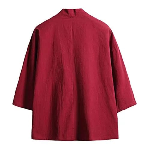 Haseil Men's Kimono Cardigan Japanese Jackets Casual Cotton 3/4 Sleeve | Lightweight Linen Outwear, Wine Red, M thumbnail 7