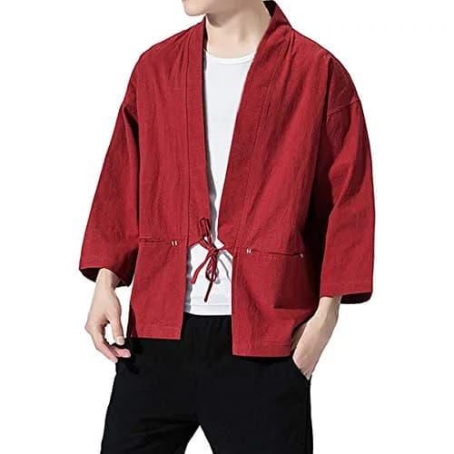 Haseil Men's Kimono Cardigan Japanese Jackets Casual Cotton 3/4 Sleeve | Lightweight Linen Outwear, Wine Red, M thumbnail 8