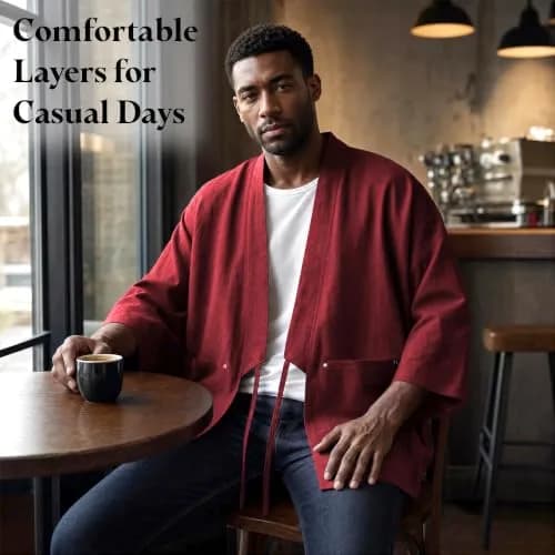 Haseil Men's Kimono Cardigan Japanese Jackets Casual Cotton 3/4 Sleeve | Lightweight Linen Outwear, Wine Red, M thumbnail 2