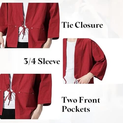 Haseil Men's Kimono Cardigan Japanese Jackets Casual Cotton 2XL | Lightweight Linen Outwear thumbnail 4