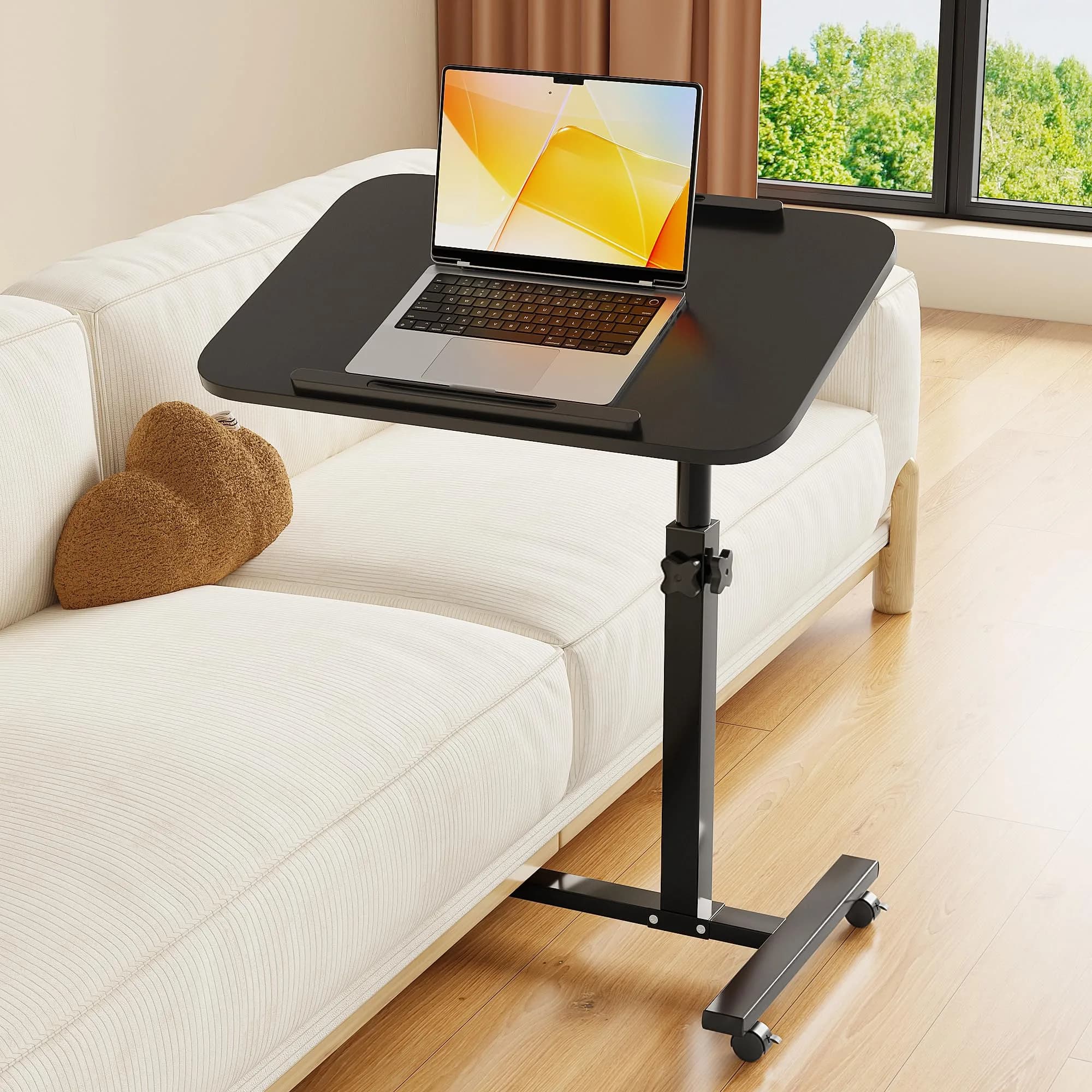 Furist Adjustable Overbed Bedside Table with Wheels, Oak Grey | 93cm (36.6") Height | Modern Style — Black